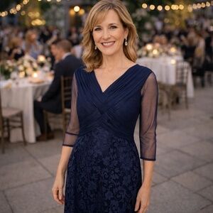 Tadashi Shoji floor length formal navy gown, size 4 petite. NWOT.